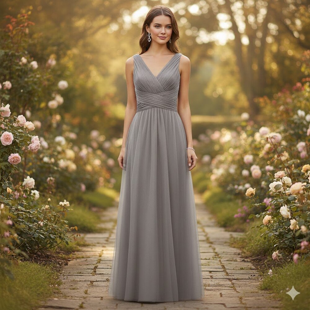 Taupe Tulle Formal Gown w/ Corset Back